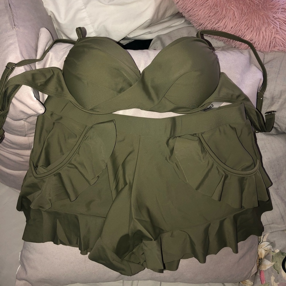 Shein~ Olive 2 Piece Bikini Top & Shorts